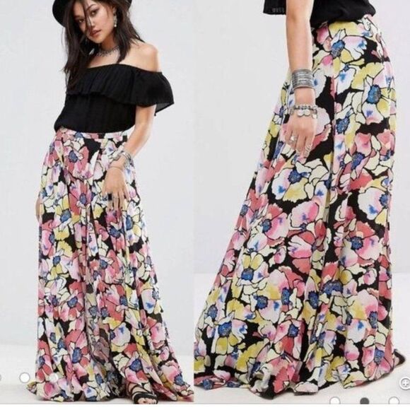 Women Free People Hot Tropics Floral High Slit Maxi Skirt in Multi Color Size 2 - Picture 1 of 9